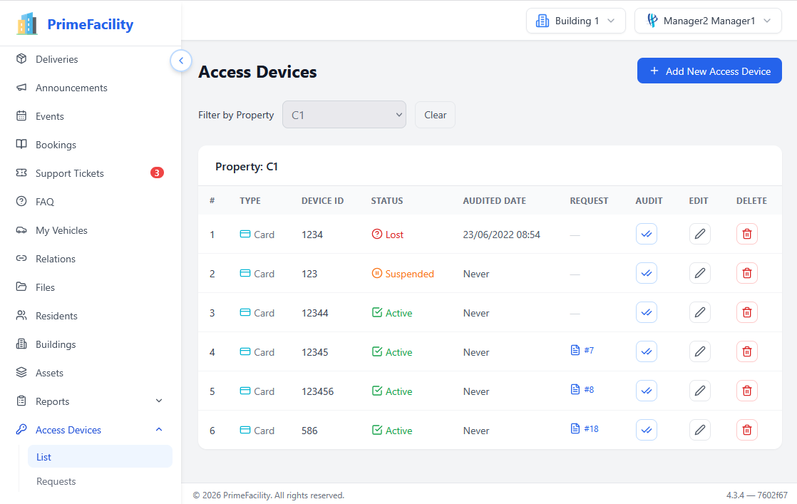 Access device request management showing fobs, keys and swipe cards assigned to residents per lot
