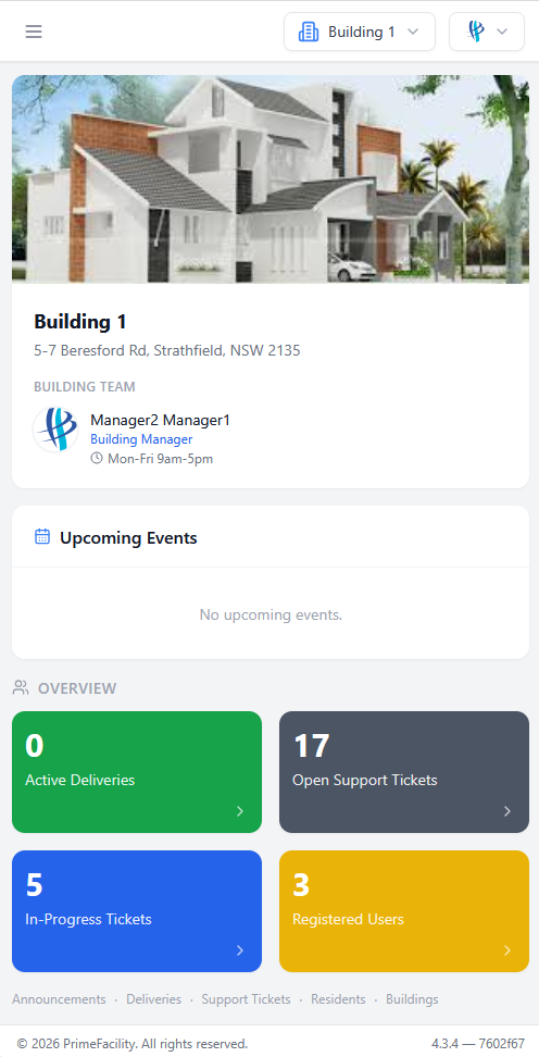 PrimeFacility dashboard on mobile showing the full interface on a smartphone screen