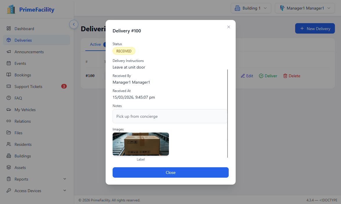 Delivery management parcel tracking view showing parcels logged and recipient notifications