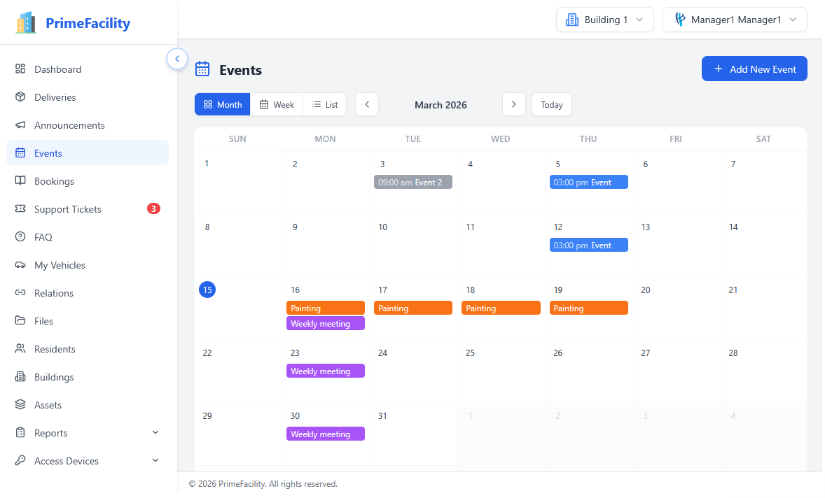 Event management calendar showing upcoming building events, recurring schedules and attendee details