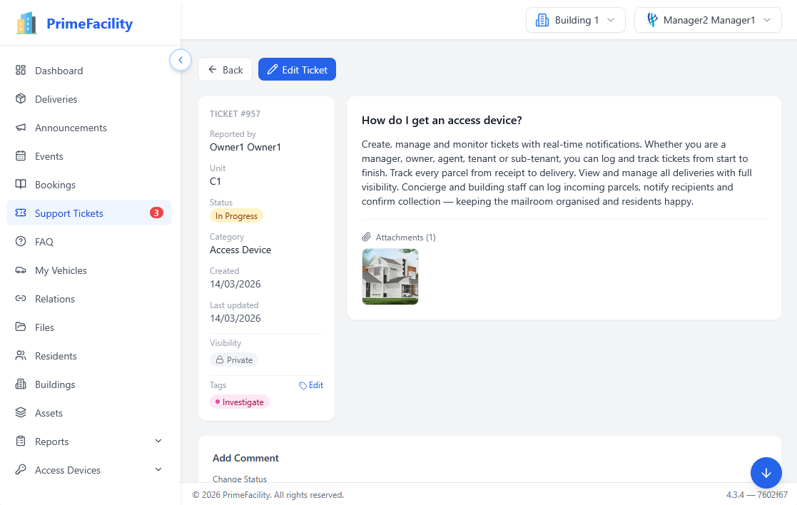 Support ticket detail view showing threaded comments, file attachments and real-time notification history